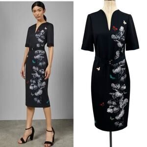 Ted Baker Niliano Narrnia Sheath Dress Buttterfly Floral Print Black Size 3 US 8